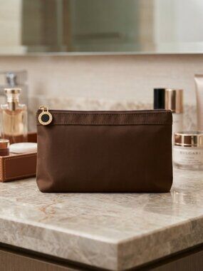 Bvlgari Makeup Toiletry Cosmetic Dark Brown Satin Pouch Top Zip Closure Bag Case